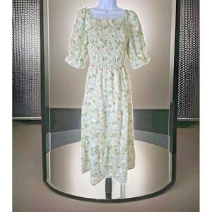 Sissyaki Maxi Dress S Green Chiffon Floral Smocked Puff Sleeves Milkmaid Peasant